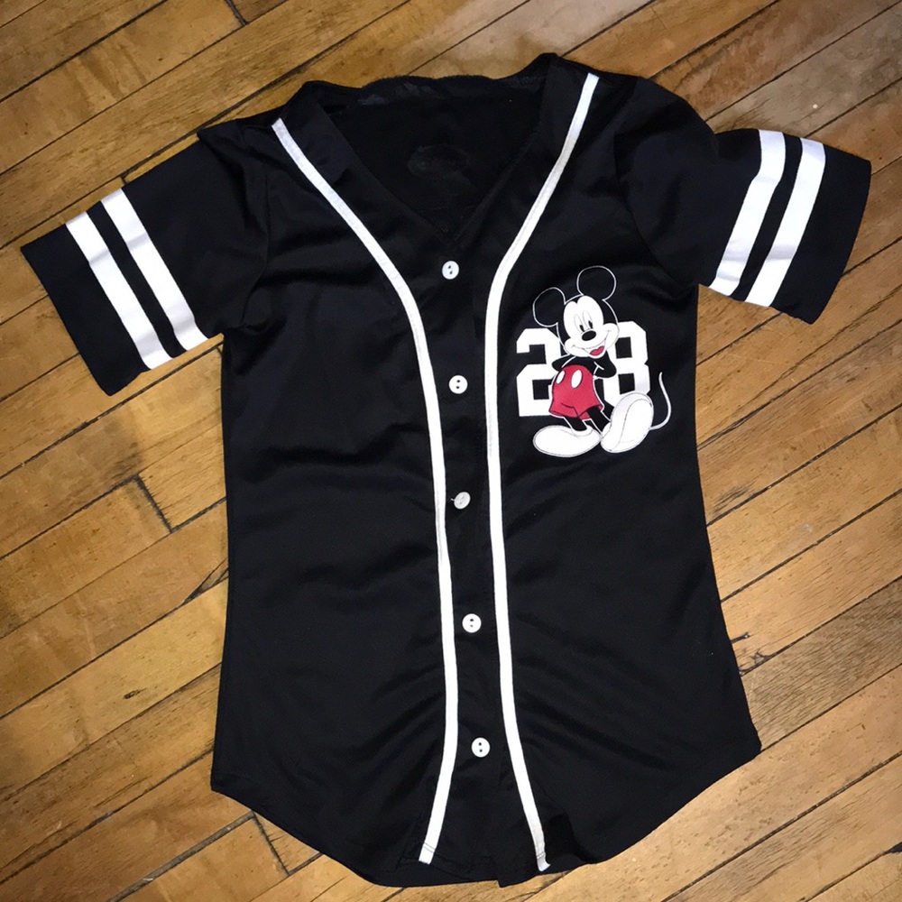 Disney Black Baseball-Style Mickey Jersey with White Trim and‎ Red Accent